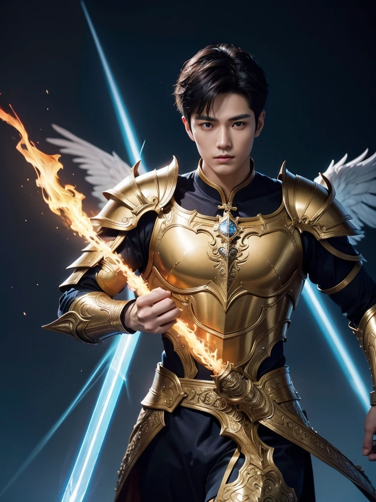 1 Handsome chinese slim guy, 20 years old, short hair, like Mighty Archangel Michael, handsome, kpop idol actor, many jawline, manly chin, Full Body Shoot, (eyes contact), detailed facial parts, Manly, bare chest, six packs attractive body and Quiff haircut :: high detail, is in highly detailed battle armor, holding a detailed flaming blue sword of golden pearls, detailed fingers, a flaming sacred aura radiating from his body, stylish model pose, moon background, surreal, fantasy, magical, intricate details, depth of field. Best quality, masterpiece, ultra high resolution, (anime realism, photorealistic: 1.4), perfect composition, centered, symmetry