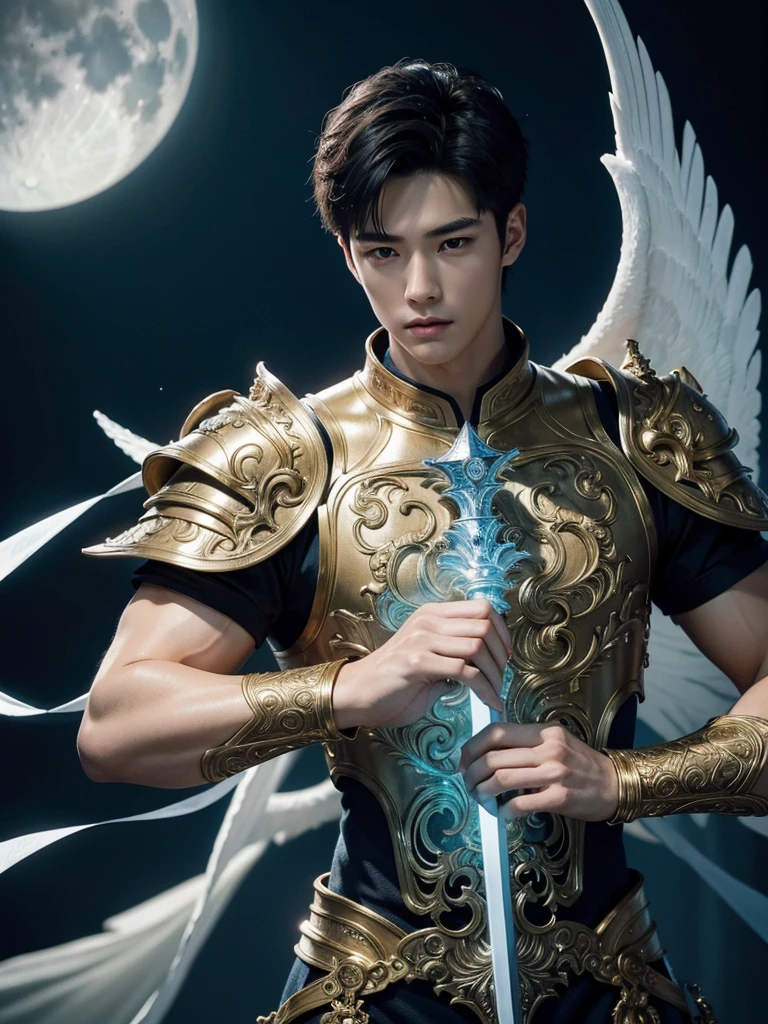 1 Handsome chinese slim guy, 20 years old, short hair, like Mighty Archangel Michael, handsome, kpop idol actor, many jawline, manly chin, Full Body Shoot, (eyes contact), detailed facial parts, Manly, bare chest, six packs attractive body and Quiff haircut :: high detail, is in highly detailed battle armor, holding a detailed flaming blue sword of golden pearls, detailed fingers, a flaming sacred aura radiating from his body, stylish model pose, moon background, surreal, fantasy, magical, intricate details, depth of field. Best quality, masterpiece, ultra high resolution, (anime realism, photorealistic: 1.4), perfect composition, centered, symmetry