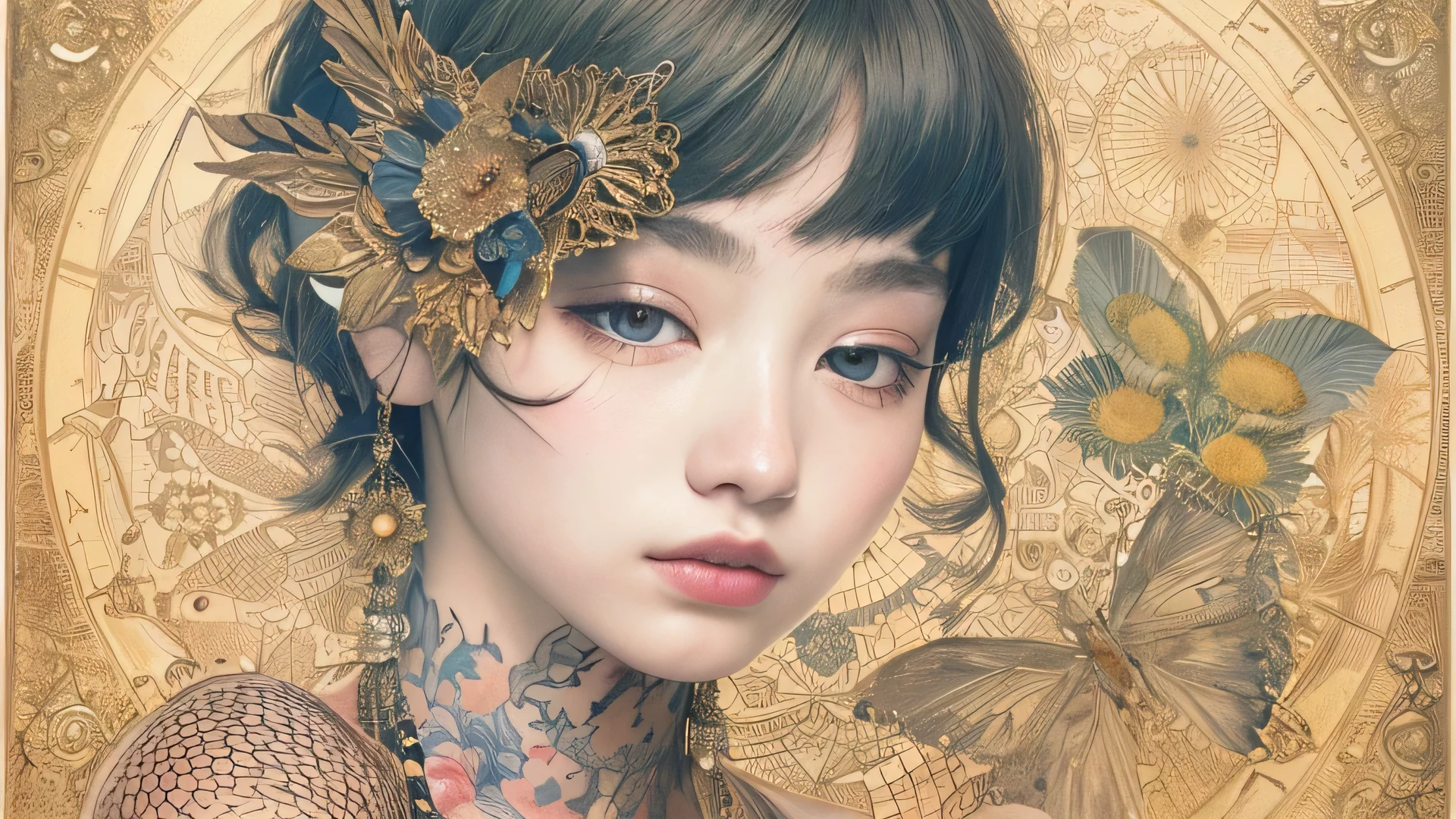 ((((masterpiece))), tattoo、Highest quality, An illustration, Beautiful details shine,
paper_cut, The details of a fragile girl&#39;s face captured on camera, wood, moon, butterfly,Wind、star、spider、Ladybug、centipede