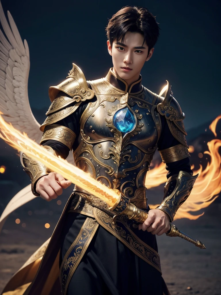 1 Handsome chinese slim guy, 20 years old, short hair, like Mighty Archangel Michael, handsome, kpop idol actor, many jawline, manly chin, Full Body Shoot, (eyes contact), detailed facial parts, Manly, bare chest, six packs attractive body and Quiff haircut :: high detail, is in highly detailed battle armor, holding a detailed flaming blue sword of golden pearls, detailed fingers, a flaming sacred aura radiating from his body, stylish model pose, moon background, surreal, fantasy, magical, intricate details, depth of field. Best quality, masterpiece, ultra high resolution, (anime realism, photorealistic: 1.4), perfect composition, centered, symmetry