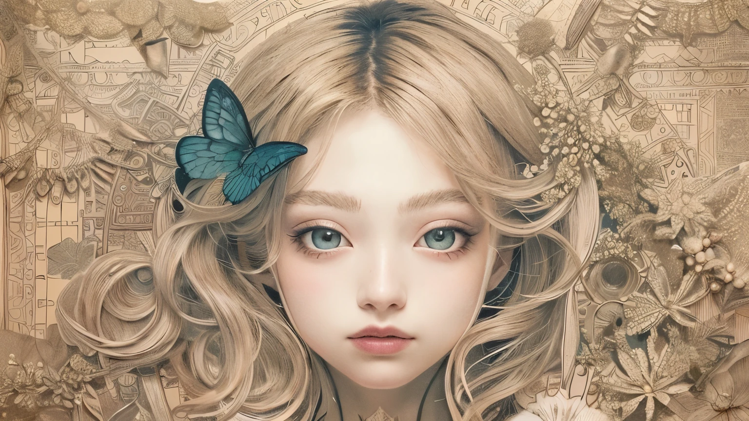 ((((masterpiece))), tattoo、Highest quality, An illustration, Beautiful details shine,
paper_cut, The details of a fragile girl's face captured on camera, wood, moon, butterfly,Wind、star、spider、Ladybug、centipede