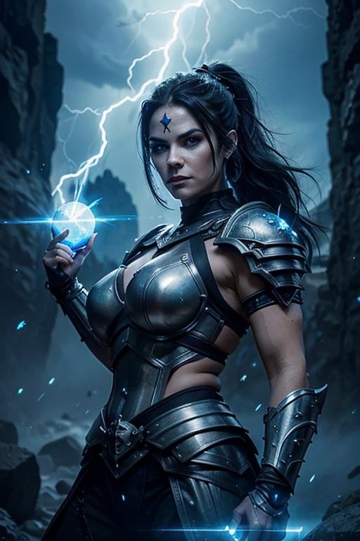 MILF, evil beautiful and muscular Nordic female storm giant with blue black hair in a ponytail, older and mature woman, throwing a lightning ball, glowing tattoos, wearing steel runic plate mail Armour , temple cave background with lightning storm, glowing blue eyes, square jaw, powerful and imposing , armored giant