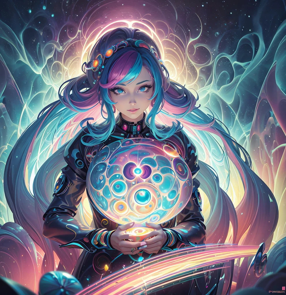 Close-up of a woman with colorful hair and a circular painting, Beeple and Jeremiah Kettner, Psychic Trance Artwork, Trippy Art, Visionary artistic style, Psychedelic Art style, Psychedelic Surreal Art, Psychedelic Art, Psychedelic Goddess, Colorful digital fantasy art, Psychedelic Artwork, Psychedelic Organic Cyborg, Psychedelic multicolor, DMT Color、fortune teller、Facing forward