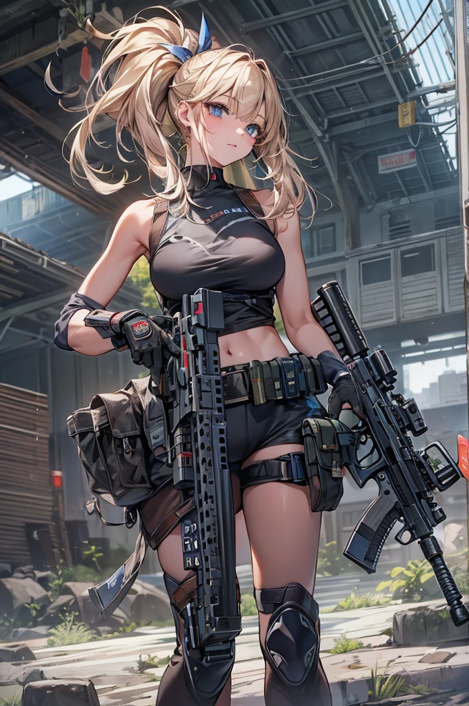 ((Highest quality))、((masterpiece))、(detailed)、((Anatomically correct))、(High resolution、8k)、(Beautiful Skin:1.1)、One woman、(Beautiful eyes:1.2)、(Assault rifle)、(Assault rifleを構える:1.3)、Splattering cartridge cases、Blonde、ponytail、Black short tank top、Erect nipples、Belly button、Black hot pants、Gunfight、Urban Warfare