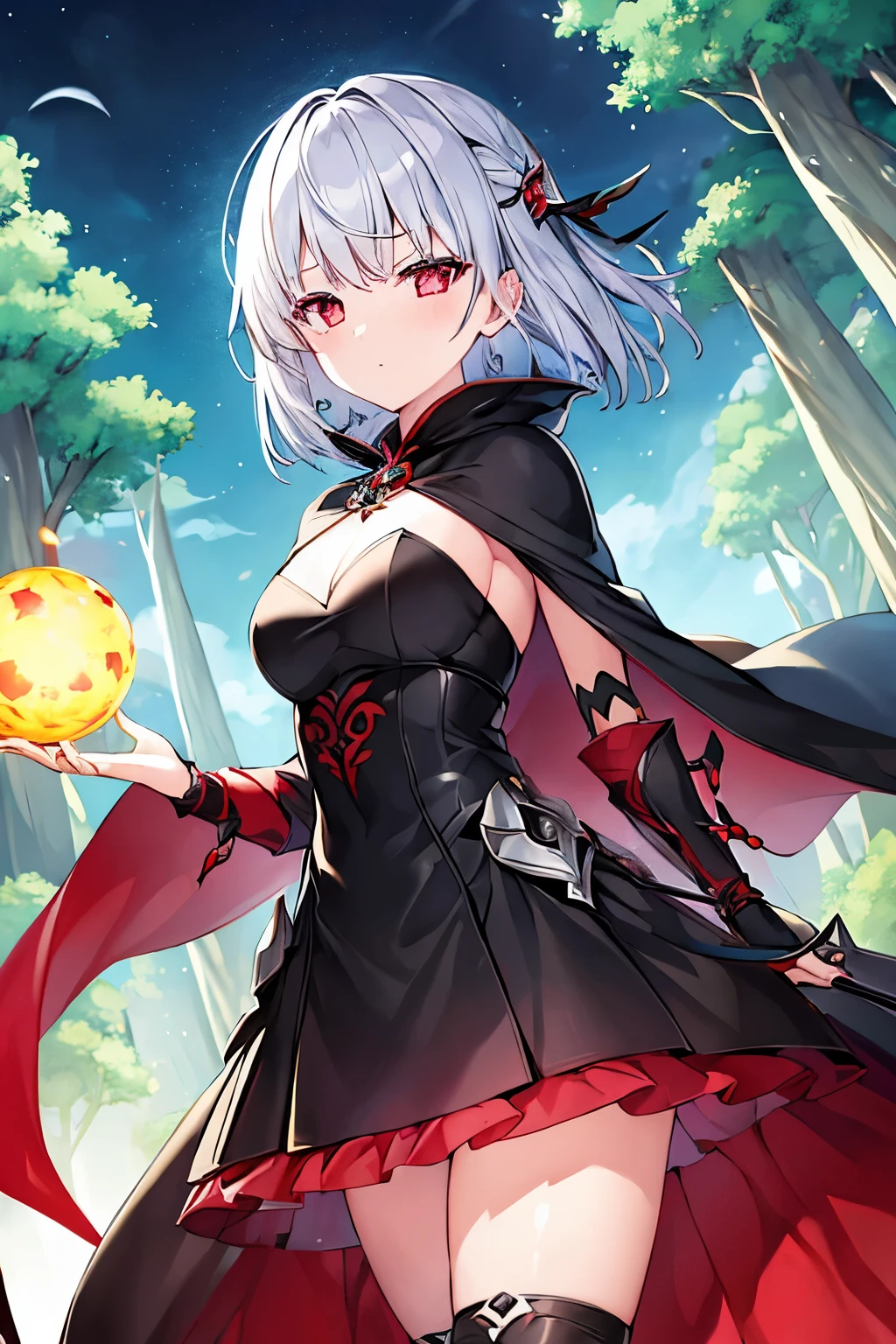 1 girl、Silver short hair、(Red hollow eyes)、Fantasy、witch、Black and green outfit、Aggressive design、Cape、Yellow decoration、accessories、Villain、(Magical Items)、whole body、Mysterious Forest、Wind Magic、Dark Magic、((Dark Aura))
