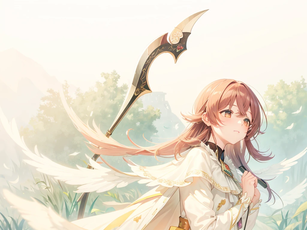 masterpiece, Highest quality, (1 beautiful girl :1.2), Fantasy art, 24-years-old, Medium chest, Standard weight, close your eyes, dissatisfaction:1.3, Angel with a scythe, Angel Wings, Fluttering in the wind、Fountain shrouded in mist、
