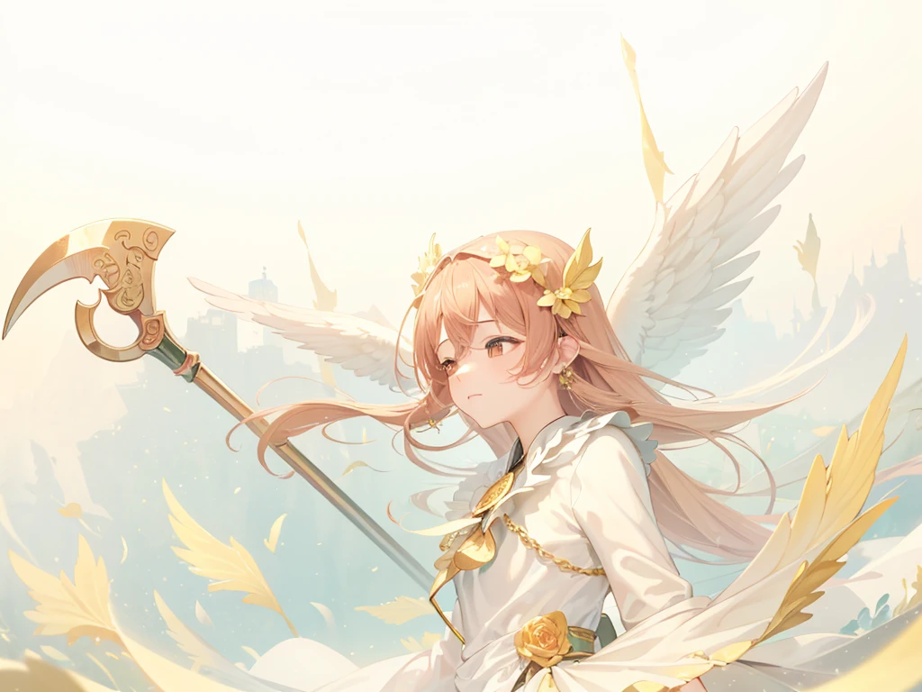 masterpiece, Highest quality, (1 beautiful girl :1.2), Fantasy art, 24-years-old, Medium chest, Standard weight, close your eyes, dissatisfaction:1.3, Angel with a scythe, Angel Wings, Fluttering in the wind、Fountain shrouded in mist、