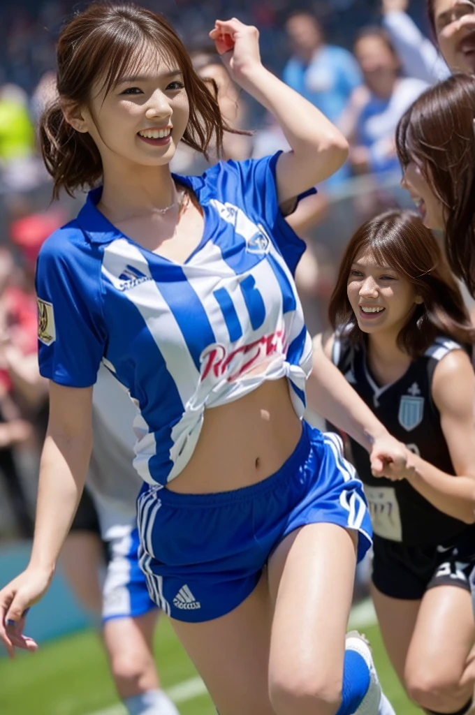 (((hyperRealistic face)))((((extreme Realistic skin detail))) (face with detailed shadows) (((Argentina)))、((Argentina Soccer))、(masterpiece:1.2, Highest quality),(masutepiece:1.3), (hyper realisitic:1.2),(Realistic, photo_Realistic:1.9), (((Photoshoot))). RAW photo, (Fisheye effect:1.2), (a photo of 25y.o. irish woman:1.3),(small:1.1), ((Belly button))、((Tie up the bottom of your shirt))、(Small breasts:1.2), dim lit, (Skin with attention to detail, Detailed eyes:1.1), 8K Ultra HD, Digital SLR, soft lighting, Intricate details, Highest quality, Film Grain, Fujifilm XT3, analog style, Instagram, only tok, (skinny:1. 2), (Preppy Style:1. 2), Put your hair up, hair on the side, (Wavy Hair:1.1), (brown hair:1.1), (Greasy Hair:0.8), (rouge makeup:1.0), (in disco:1.2), (smile:1.2), (Surprised eyes:1.2), (wearing a blue soccer jersey and blue shorts, white knee-high socks and gloves), She is a sporty girl with brown hair and brown eyes playing soccer in a stadium full of spectators in the stands. She is celebrating a goal. She is jumping with happiness. She is wearing a argentia national team jersey and soccer shorts with the number 10 printed on them. He has a soccer ball and perfect hands and runs with speed and agility. She loves soccer and is celebrating a goal, always energetic and competitive. She has a confident personality and a friendly smile. She is loyal and supportive and motivates everyone with her enthusiasm. She enjoys playing with her teammates and scoring goals. She is passionate about soccer and teamwork. She is cute and friendly, and everyone likes her. 8K picture quality、detailed CG images、(hight resolution, Best Quality, masutepiece:1.4), (1womanl :1.3), tall thin legs, Sparkly skin, narrow hips, Teeth on the skin, big breastes, (Woman in soccer shirt showing breasts:1.3), football shorts, Short shorts,(((裾を縛る)))、((へそ出し))、 Sweating Lots, (Above the football stadium:1.2), taut clothes, Angry look, Sprinting, Beautiful)、hair messy、Floating hair