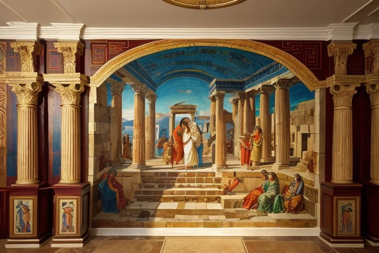 Ancient Greece, Fresco, mosaic, Colorful, Mythological scenes, Interior decoration, mural, Rich in detail, Art details, Light and shadow, Historical art

