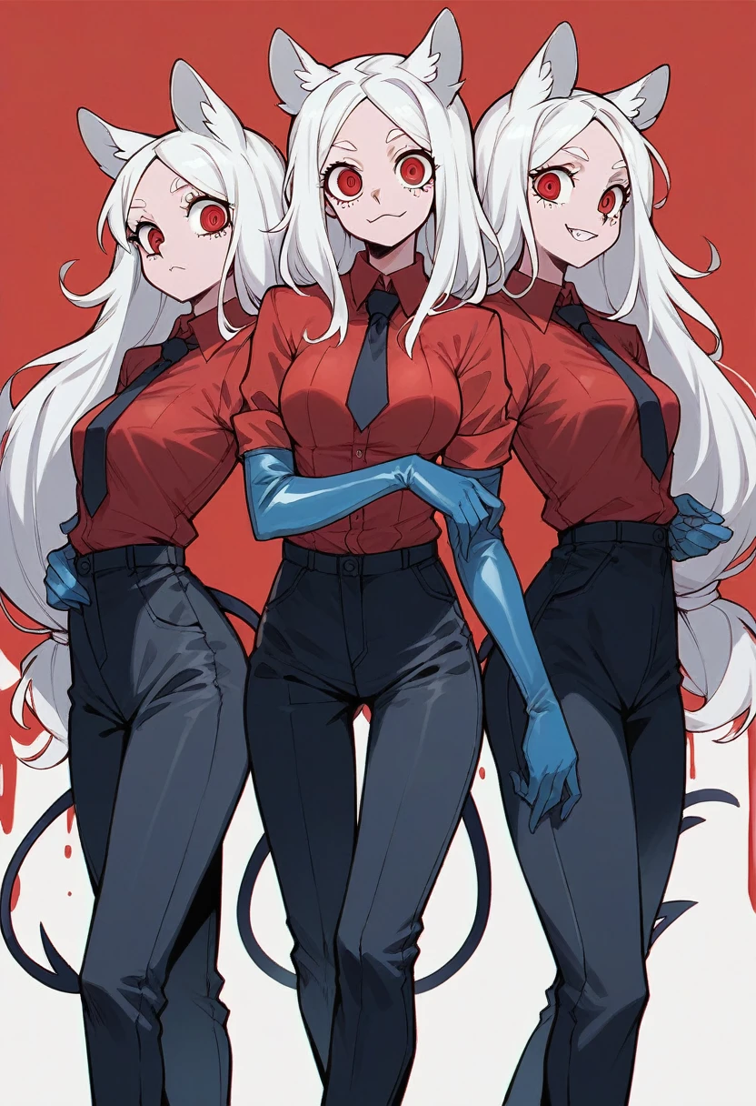 3girls, cerberus \(helltaker\), ((blue elbow gloves)), ((surgical gloves)), ((latex gloves)), (red shirt), (((long sleeves))), (tie), (pants), looking at viewer, standing, solo
