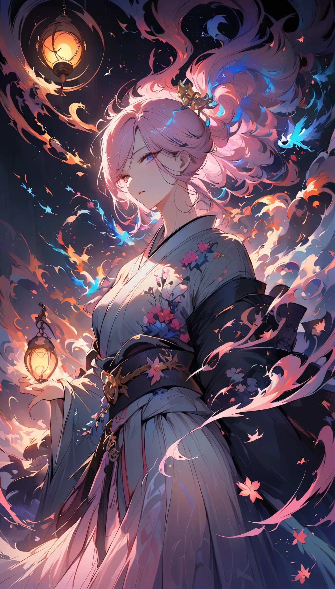 Surrealism, Very detailed, and a high-resolution 16k image of a young man, Beautiful female ghost or guardian angel. She has light pink hair and translucent skin., Wearing traditional Japanese kimono，Small cherry blossom pattern on the belt. This image captures the ethereal beauty and mystery of the world. Exquisite style, The beauty of Japanese traditional art.