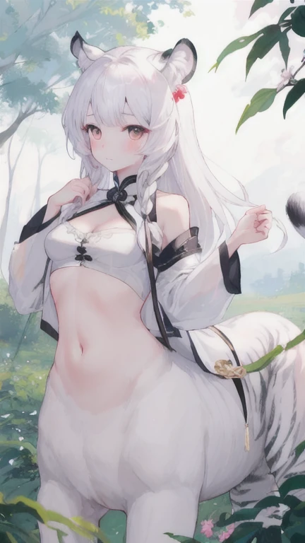 (best quality, masterpiece), 1 girl, centaur, It takes, White skin, Korean ,daughter,black pink, exposing the abdomen, exposed navel , 아름다운 소녀 Perfect wild white tiger photo, Perfect wild white tiger photo