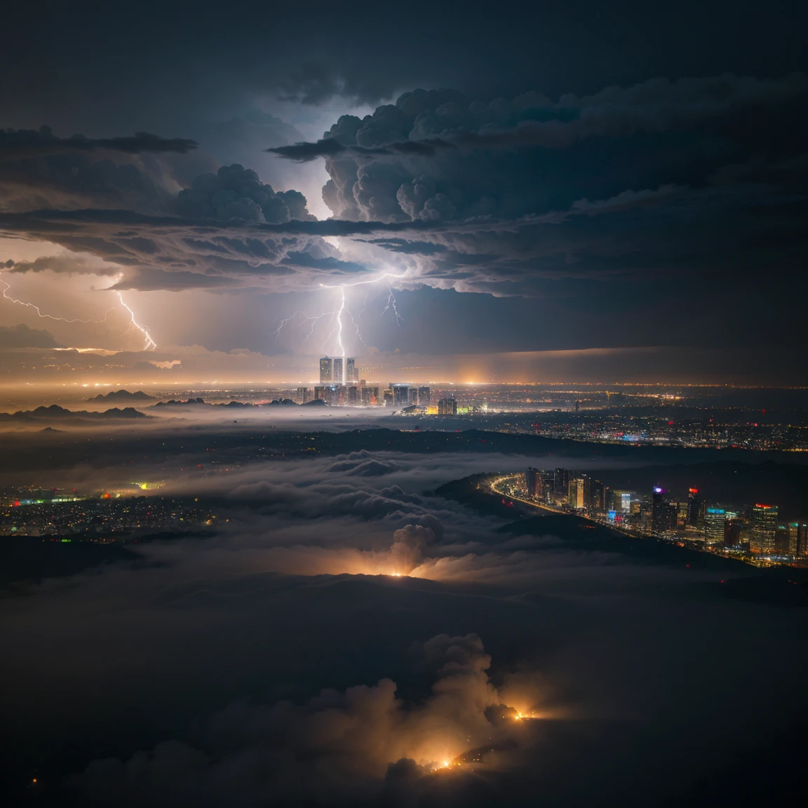 View from the airship cabin, Night view of skyscrapers, (Ultra-high resolution,8k),Fantasy, The world of picture books, (Highest quality), Super detailed, Outstanding Image, (Photorealistic), The fog rolls in, (Severe lightning strike), (Numerous fireballs)