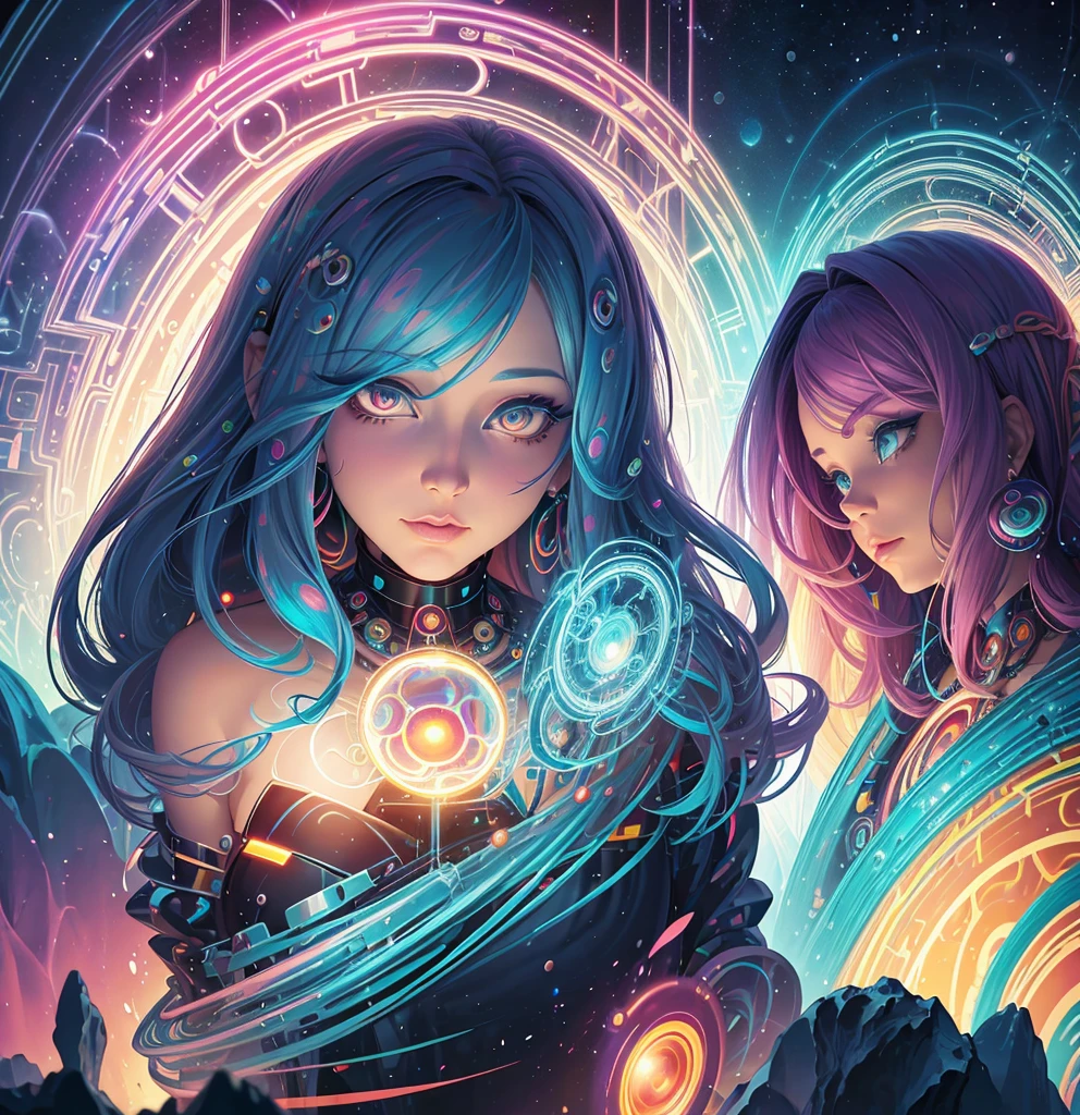 Close-up of a woman with colorful hair and a circular painting, Beeple and Jeremiah Kettner, Psychic Trance Artwork, Trippy Art, Visionary artistic style, Psychedelic Art style, Psychedelic Surreal Art, Psychedelic Art, Psychedelic Goddess, Colorful digital fantasy art, Psychedelic Artwork, Psychedelic Organic Cyborg, Psychedelic multicolor, DMT Color、fortune teller、Facing forward