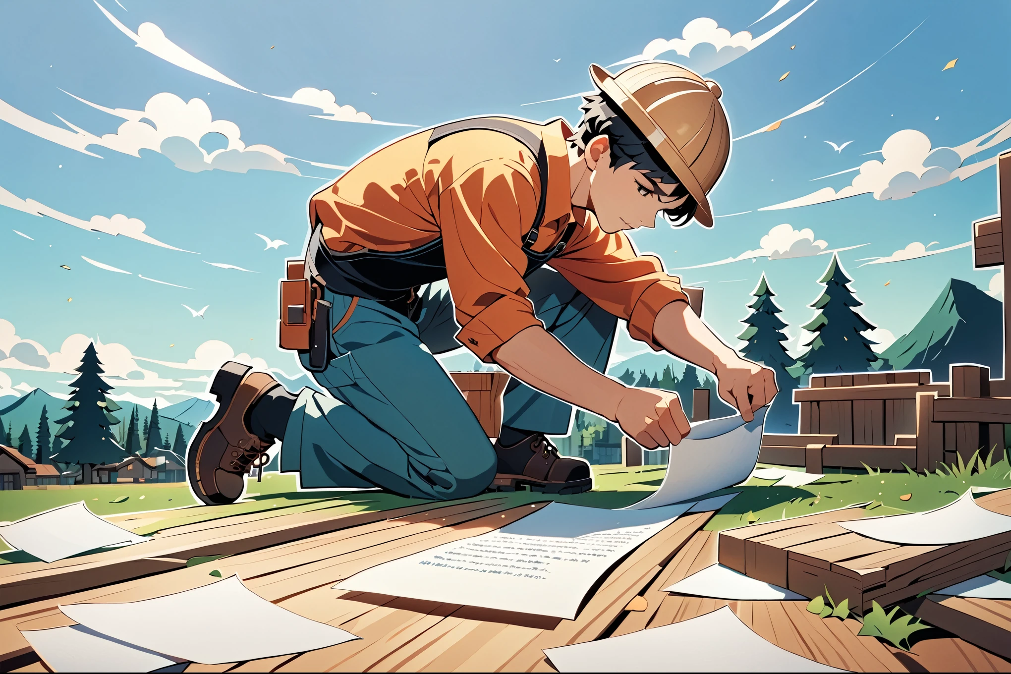 (((Paper-cut style))), 1 boy, Black short hair, Carpenter&#39;s overalls, cap, Hammering nails, from above，Hammer in hand