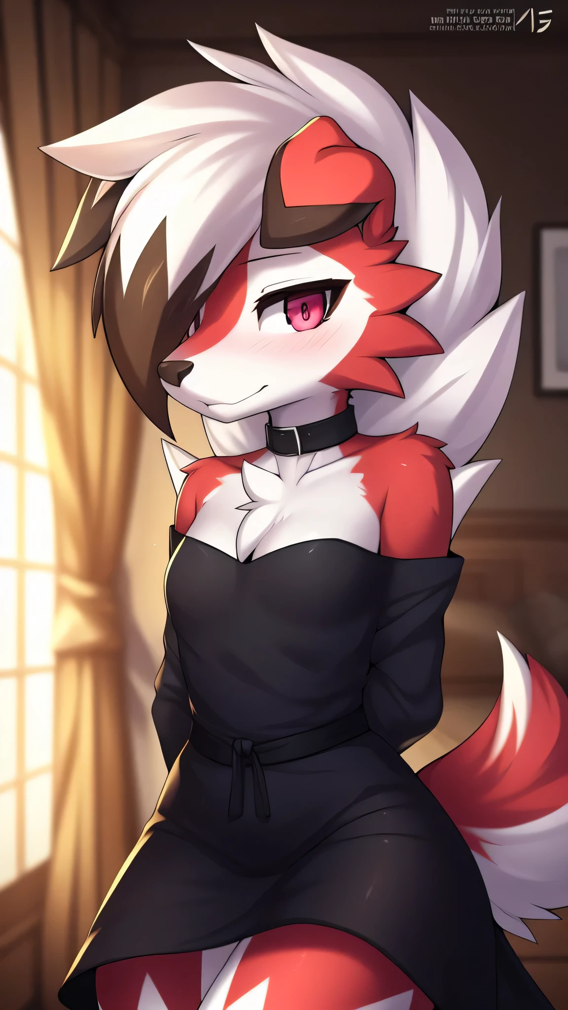 By zinfyu,by twistedscarlet60, uploaded on pixiv, by fluff-kevlar, (masterpiece), (best quality), (solo female:1.2), (extremely detailed:1.3),(detailed eye,black circle on eye,pink eye), lycanroc midnight, view on viewer, close view, shy face, half body on potrait, only body and head, close view, wearing black dress,Long black skirt, long dress, small chested. elegant, in living room, (tail:1.1), closeup photo of lycanroc