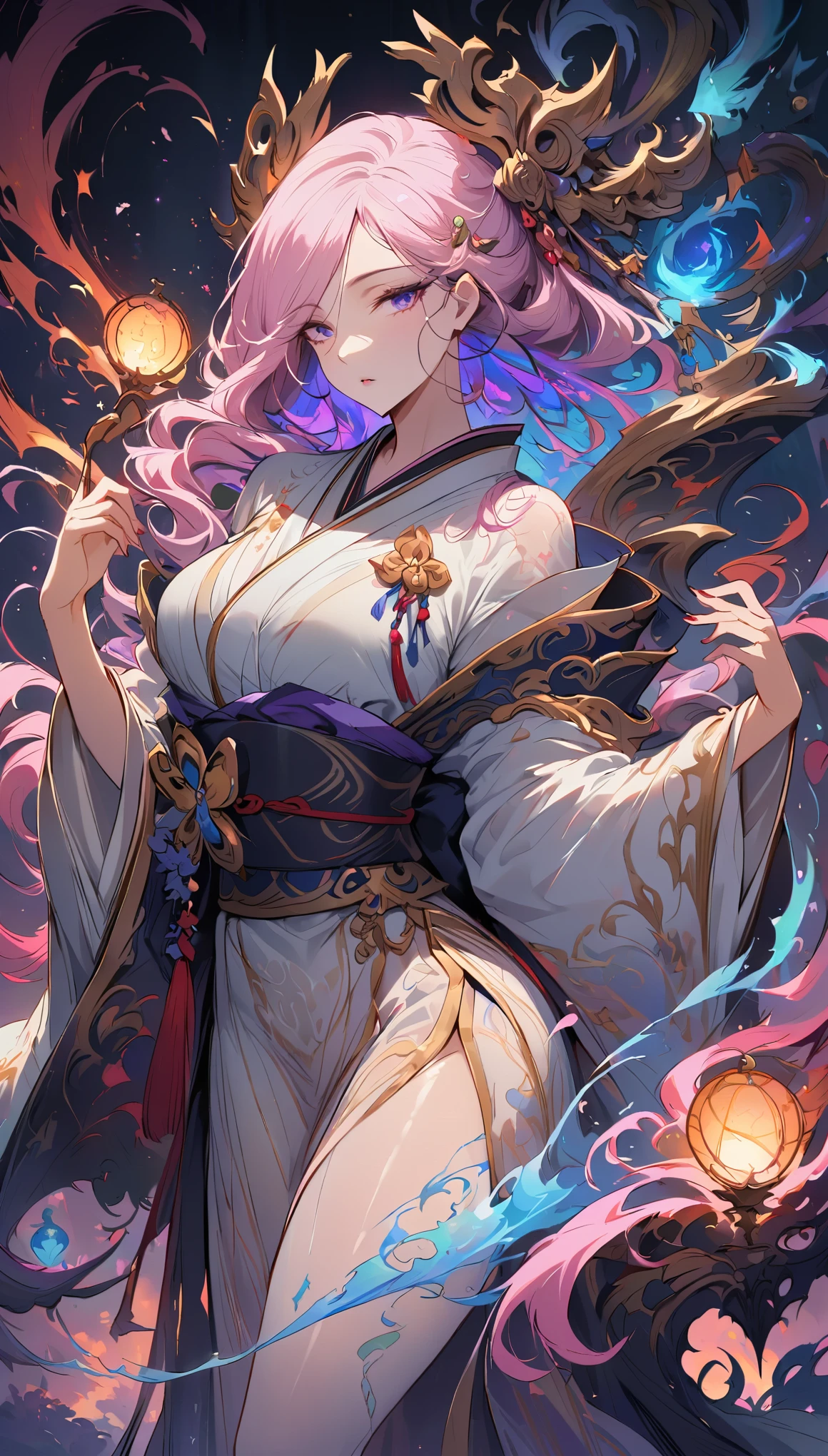Surrealism, Very detailed, and a high-resolution 16k image of a young man, Beautiful female ghost or guardian angel. She has light pink hair and translucent skin.., Wearing traditional Japanese kimono,Small cherry blossom pattern on the belt. This photo captures the ethereal beauty and mystery of the world. Exquisite style, The beauty of traditional Japanese art.