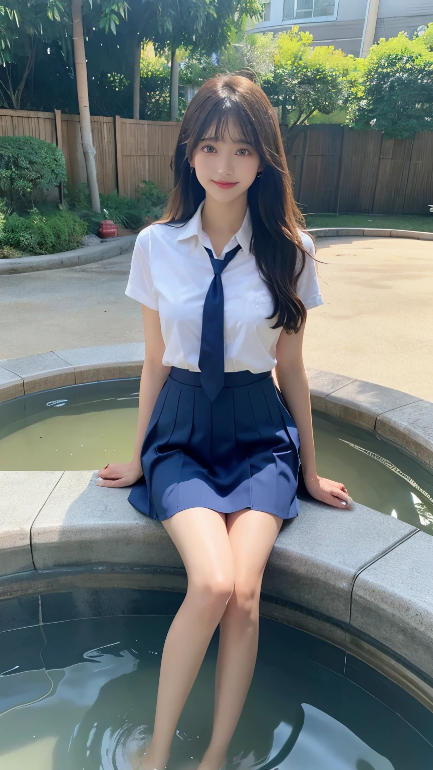 Japanese Girls、17 year old girl、Long hair、Bangs、Brown eyes、Perfect body、transparency、luster、Attractive breasts、、Navy blue tie、White shirt、Blue Skirt、JK，Guangwu、Burning corpse、Carve idol poses、Light blue wall、Beautiful Feet、Strong sunlight、dirty、雨にwet体、wet,Standing，Long legs、whole body、panoramic、I can see your thighs、Smile