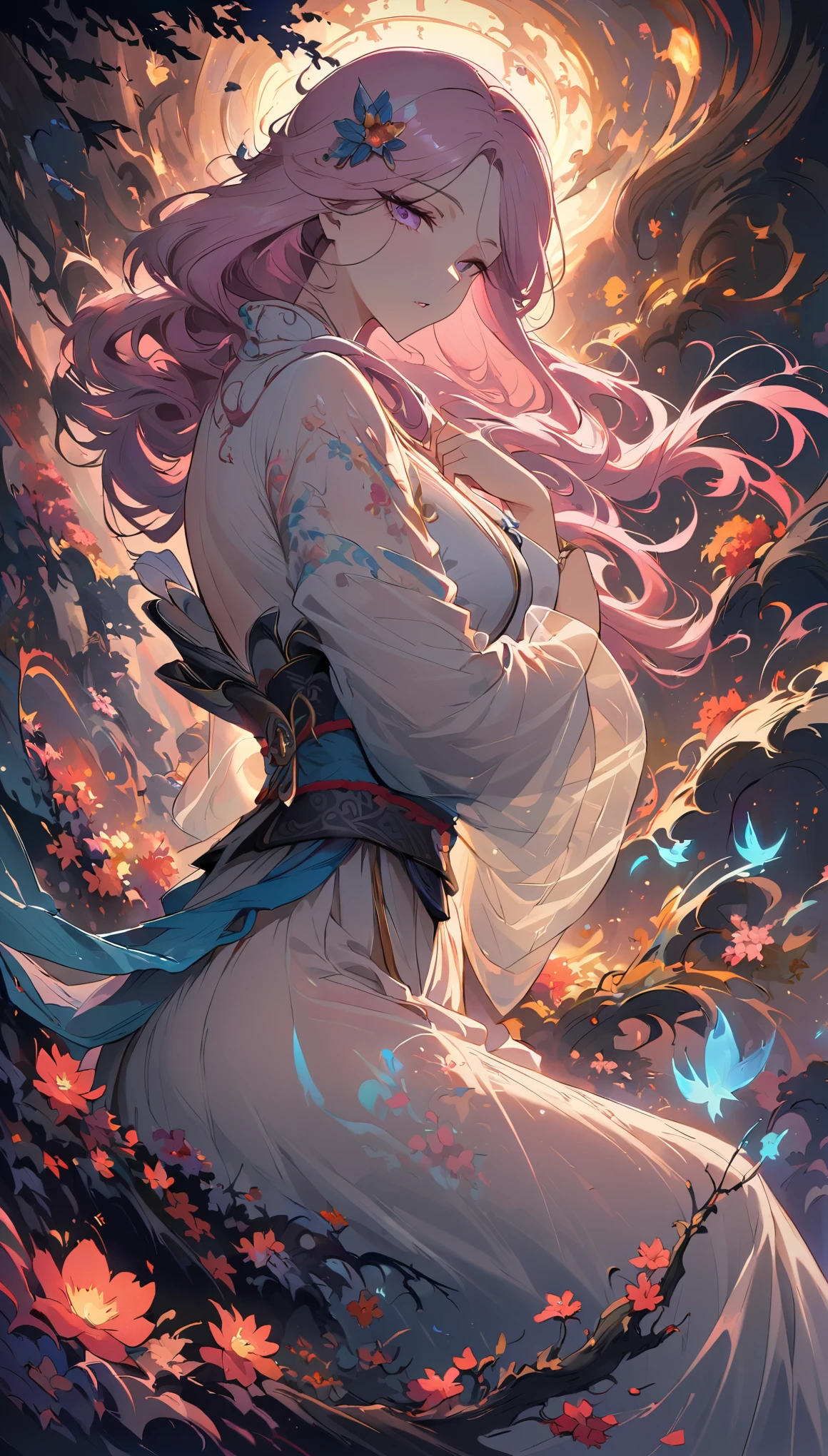 Surrealism, Very detailed, and a high-resolution 16k image of a young man, Beautiful female ghost or guardian angel. She has light pink hair and translucent skin.., Wearing traditional Japanese kimono,Small cherry blossom pattern on the belt. This photo captures the ethereal beauty and mystery of the world. Exquisite style, The beauty of traditional Japanese art.