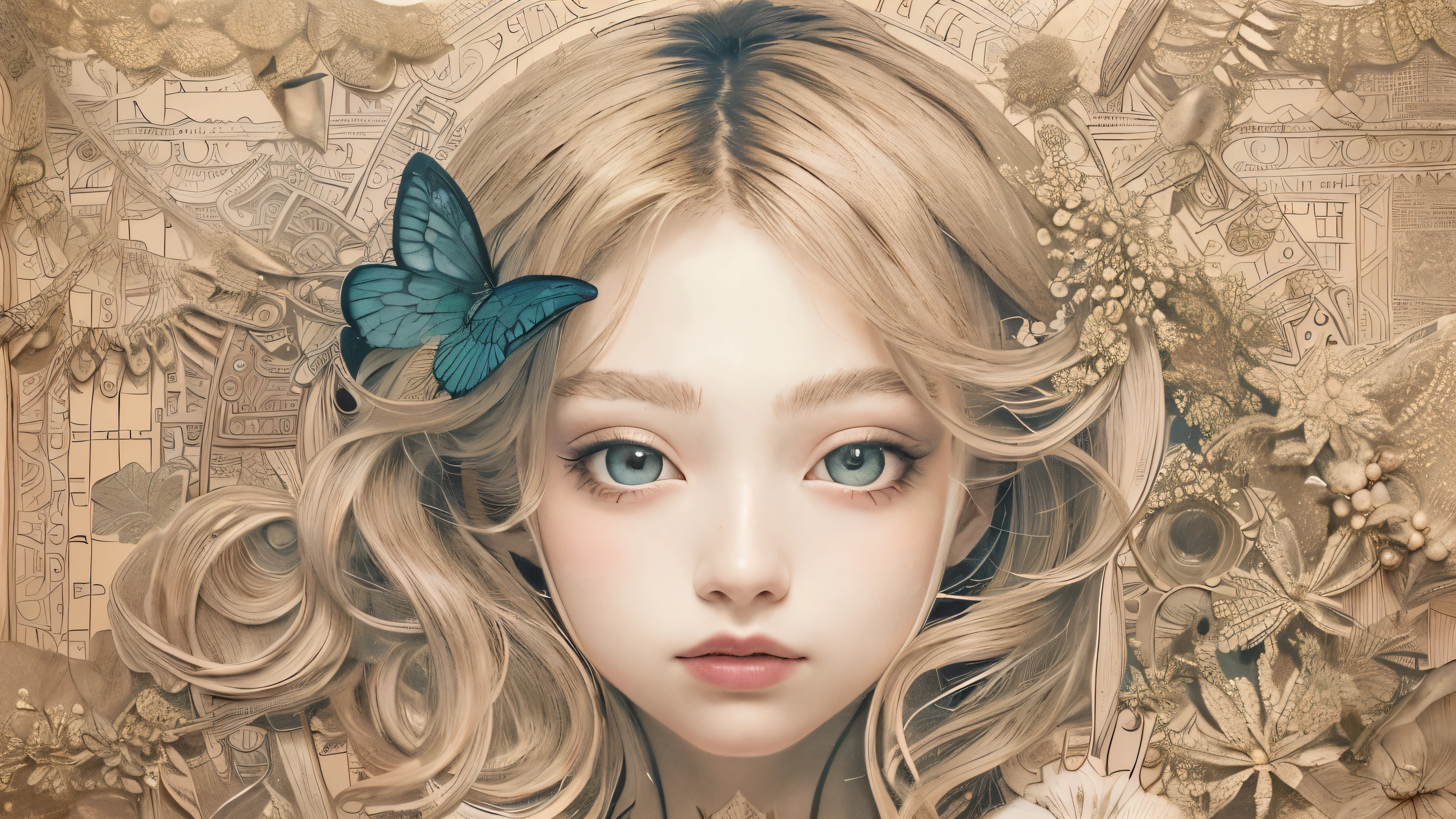 ((((masterpiece))), tattoo、Highest quality, An illustration, Beautiful details shine,
paper_cut, The details of a fragile girl&#39;s face captured on camera, wood, moon, butterfly,Wind、star、spider、Ladybug、centipede