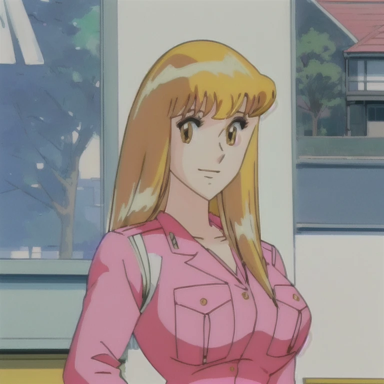 Police Box in Front of Kameari Park, Katsushika Ward,Catherine Reiko,One Girl, blondes, Simple Background, Very long hair, Large Breasts, Simple Background, anime, Character Design, Pink police uniform,high quality, Blonde, smile, High resolution face, I can see the valley