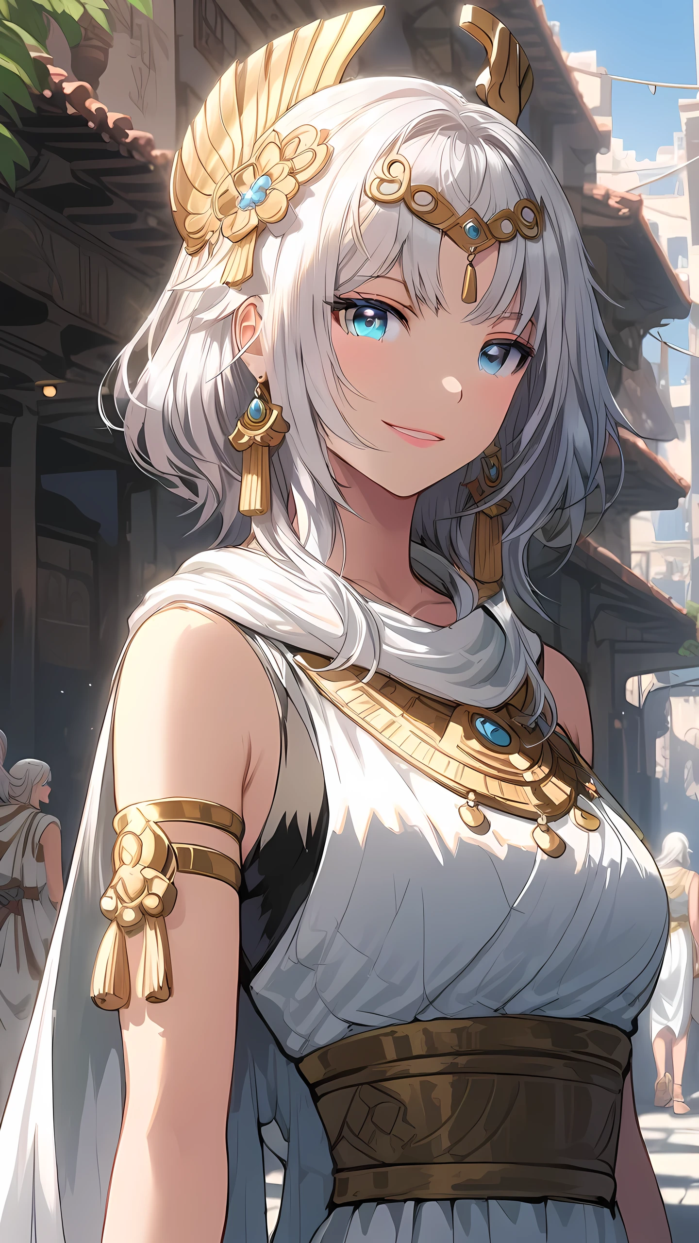 highest quality、masterpiece、1 girl、street background、white hair:1.5、blue eyes 、statue, ancient greek clothes 、Black and white world、Black and white world、medium hair 、side blade, smile, standing hair ornaments , half body:1.4, parted bangs, pink lips