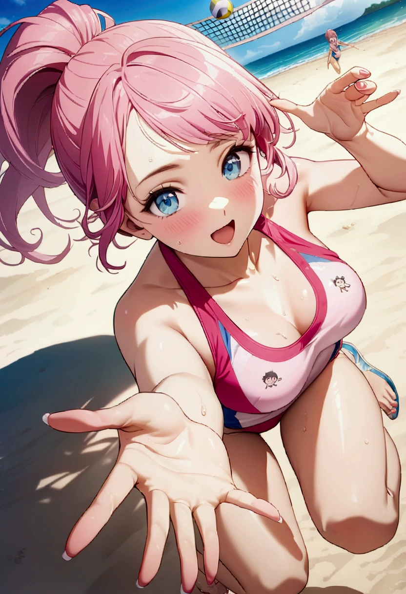 (masterpiece, Highest quality, shape, Subtle details, 8k:1.2),(非常に詳細な CG ユニティ 8k 壁紙), (Highest quality), (Best illustrations), (human),(woman:1.2), (Perfect Anatomy:1.2), (Beautiful pink hair:1.2) , Disheveled Hair,Shiny Hair,Stringy hair,Delicately drawn hair,美しいhumanのキャラクターの絵, Beautiful character drawings, , Smooth anime CG art,(Photo shoot by a professional photographer:1.2),(Best Shadow), Realistic lighting, ,(Beach Volleyball:1.2),(Jump),(Vibrant:1.2),(ponytail:1.2),water、Olympic,Field in the daytime(透けないBeach Volleyballのウェア),(Jumping moment:1.2)、(sand),(athlete'Perspective:1,3)、A groundbreaking angle、Girl with pink hair、blue eyes、Twin Drill