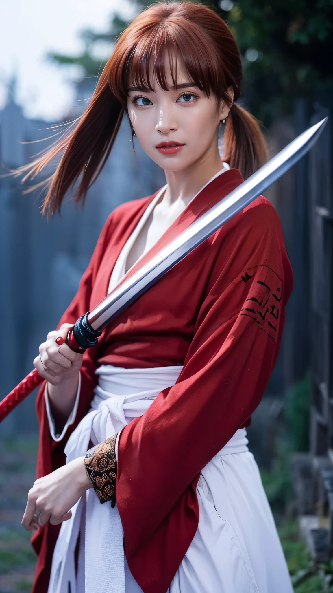 "Rurouni Kenshin",
Moment of enthusiasm, Bold,
Capturing the essence of her fiery determination and indomitable spirit, She explodes in rage, Strongly conveys the raw power of Kenshin's rage, Emphasizing the intensity of the scene, The woman is in a determined stance,
Action with a straight sword in hand,
Long hair, Ponytail, Red hair, ((Red eyes)), Bright red lipstick,
Katana, Holding a sword in hand,
Cross sign on left cheek,
High quality, Realistic,
20-year-old woman,
She wears a red kimono with an intricate pattern, Combined with a white hakama,
The lighting is realistic, (Masterpiece+Top quality+High resolution+Very detailed), (Full body:1.2),Symmetrical, One cut,