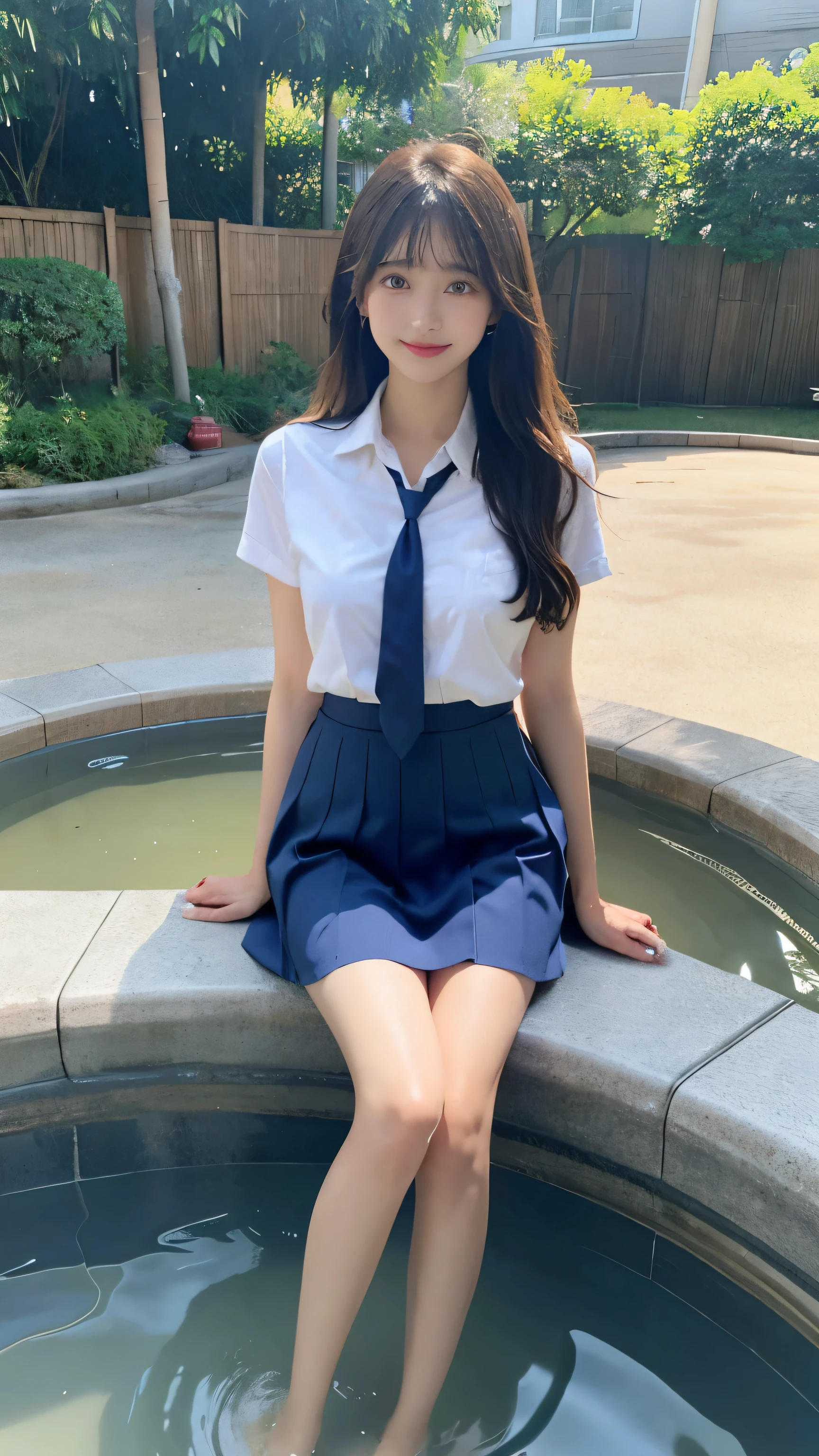 Japanese Girls、17 year old girl、Long hair、Bangs、Brown eyes、Perfect body、transparency、luster、Attractive breasts、、Navy blue tie、White shirt、Blue Skirt、JK,Guangwu、Burning corpse、Carve idol poses、Light blue wall、Beautiful Feet、Strong sunlight、dirty、雨にwet体、wet,Standing,Long legs、whole body、panoramic、I can see your thighs、Smile