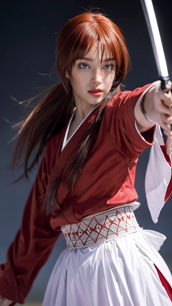 "Rurouni Kenshin",
Moment of enthusiasm, Bold,
Capturing the essence of her fiery determination and indomitable spirit, She explodes in rage, Strongly conveys the raw power of Kenshin's rage, Emphasizing the intensity of the scene, The woman is in a determined stance,
Action with a straight sword in hand,
Long hair, Ponytail, Red hair, ((Red eyes)), Bright red lipstick,
Katana, Holding a sword in hand,
Cross sign on left cheek,
High quality, Realistic,
20-year-old woman,
She wears a red kimono with an intricate pattern, Combined with a white hakama,
The lighting is realistic, (Masterpiece+Top quality+High resolution+Very detailed), (Full body:1.2),Symmetrical, One cut,