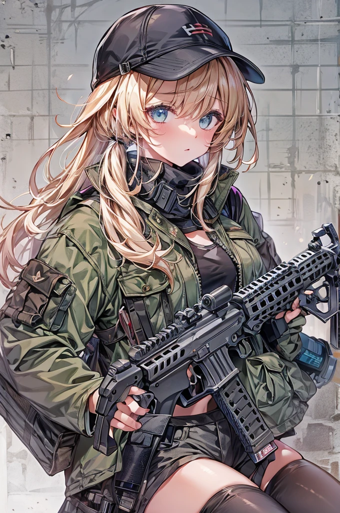 ((Highest quality))、((masterpiece))、(detailed)、((Anatomically correct))、(High resolution、8k)、(Beautiful Skin:1.1)、One woman、(Beautiful eyes:1.2)、(Assault rifle)、(Assault rifleを構える:1.3)、(Assault rifleを撃つ)、Splattering cartridge cases、Blonde、ponytail、Black short tank top、Erect nipples、Belly button、Black hot pants、Gunfight、Urban Warfare