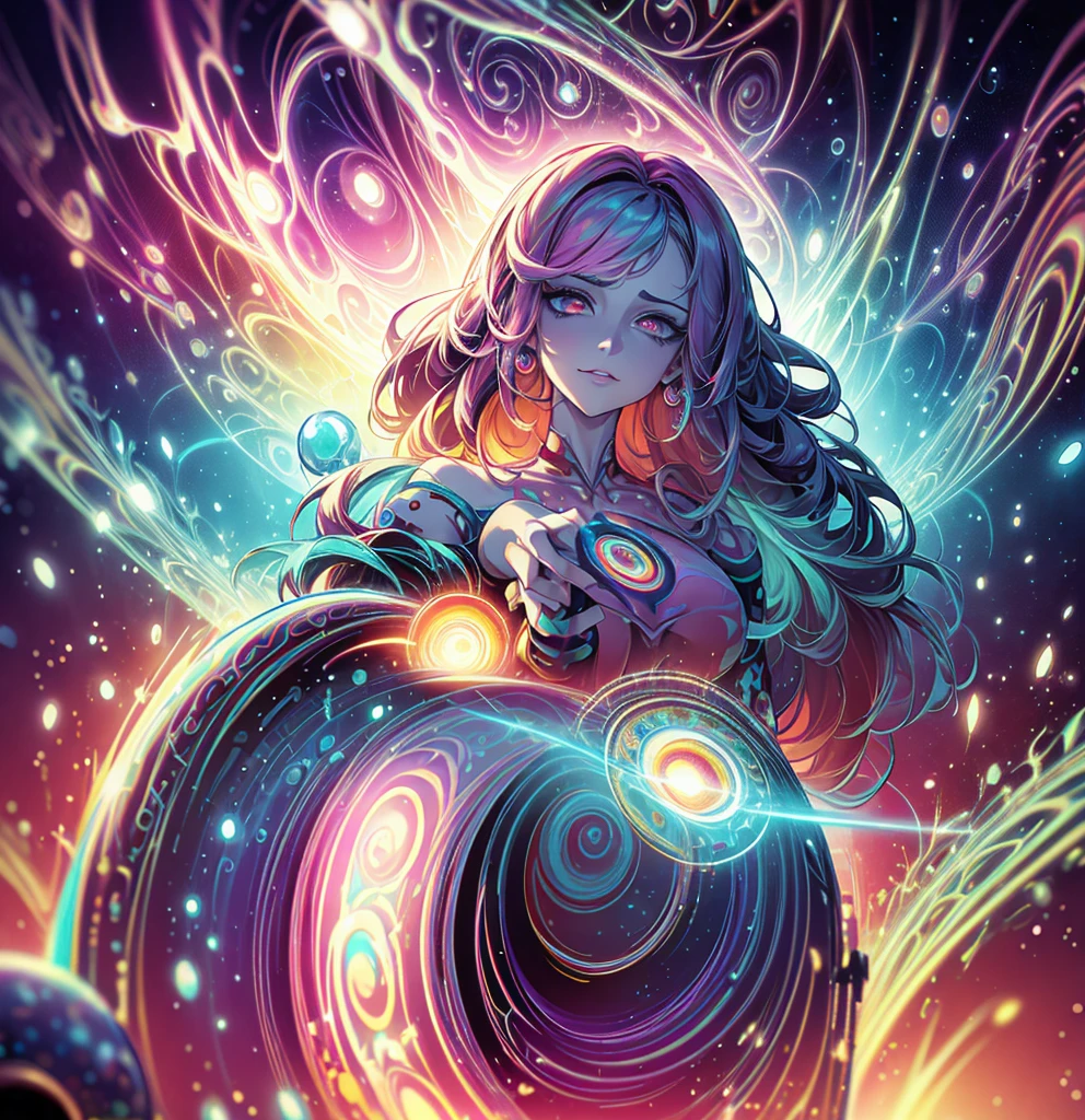 Close-up of a woman with colorful hair and a circular painting, Beeple and Jeremiah Kettner, Psychic Trance Artwork, Trippy Art, Visionary artistic style, Psychedelic Art style, Psychedelic Surreal Art, Psychedelic Art, Psychedelic Goddess, Colorful digital fantasy art, Psychedelic Artwork, Psychedelic Organic Cyborg, Psychedelic multicolor, DMT Color、fortune teller、Facing forward