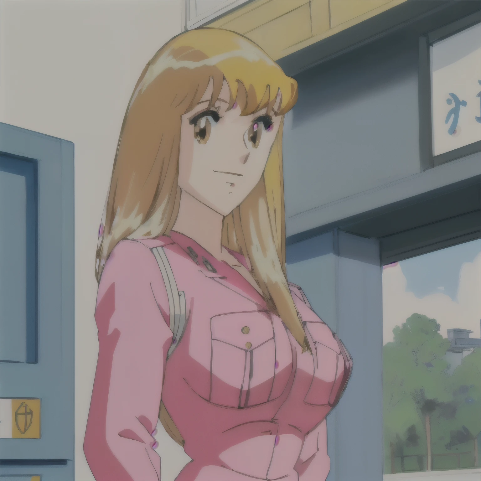 Police Box in Front of Kameari Park, Katsushika Ward,Catherine Reiko,One Girl, blondes, Simple Background, Very long hair, Large Breasts, Simple Background, anime, Character Design, Pink police uniform,high quality, Blonde, smile, High resolution face, I can see the valley