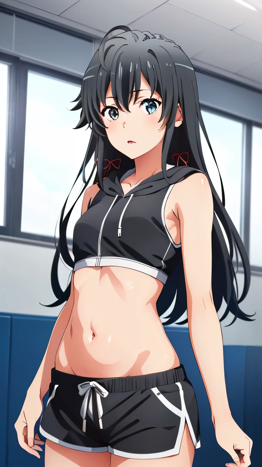 (masterpiece, best quality, highres, 8k:1.2), (anime), yukino, long hair, ahoge, Small medium breast, hair ribbon, Perfect face, Perfect eyes, (Open the hoodie, hoodie, Sleeveless, Sports Bra,belly button, Shorts), Cowboy shot, looking at viewer,