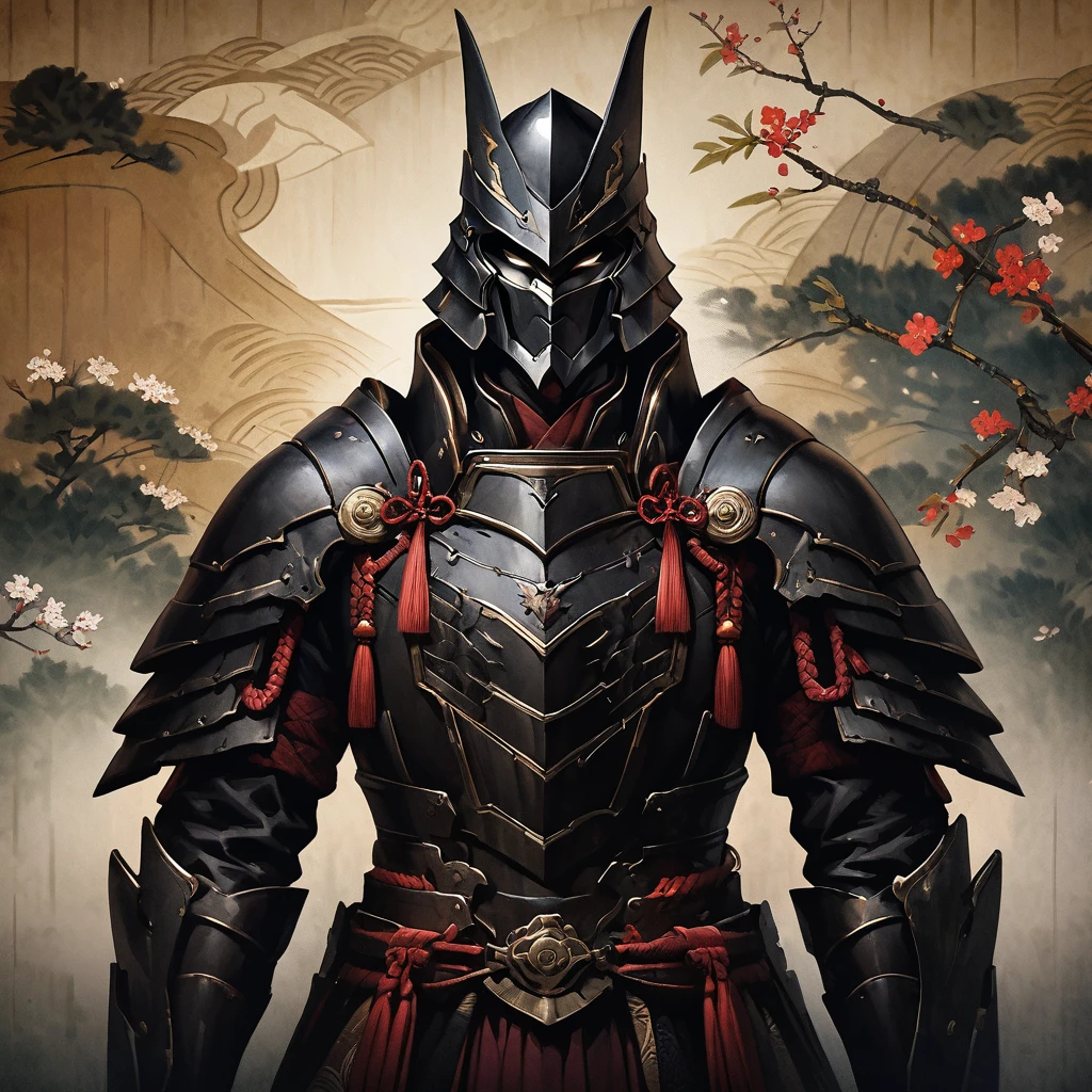 Full-body portrait of Date Masamune in his elaborate black armor, realistic style, traditional Japanese backdrop"
