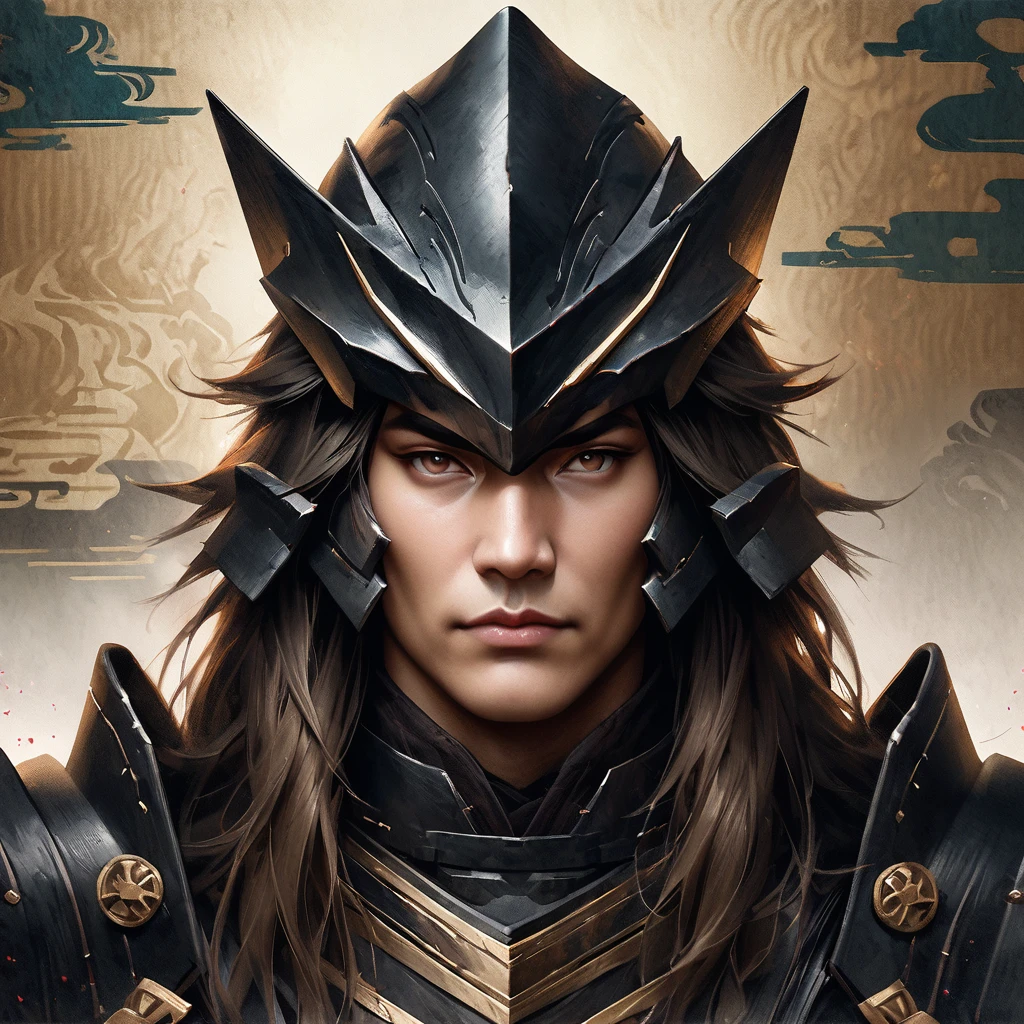 Full-body portrait of Date Masamune in his elaborate black armor, realistic style, traditional Japanese backdrop"