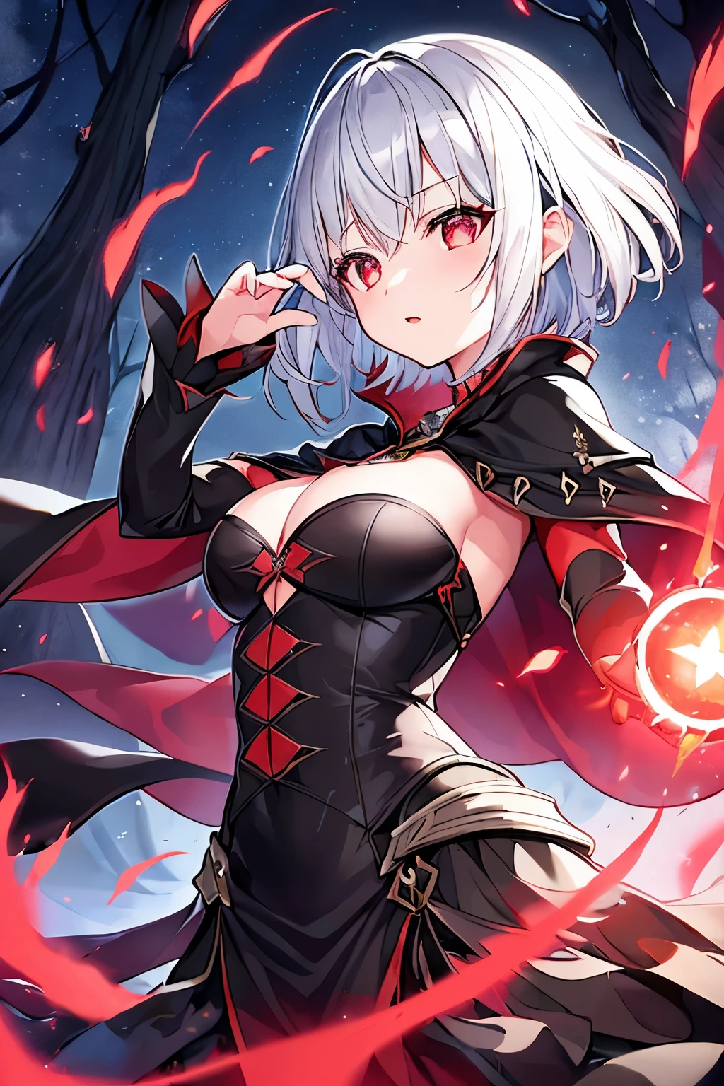 1 girl、Silver short hair、(Red hollow eyes)、Fantasy、witch、(Black and green outfit)、Aggressive design、Cape、Yellow decoration、accessories、Villain、(Magical Items)、whole body、Mysterious Forest、Wind Magic、Dark Magic、Dark Aura