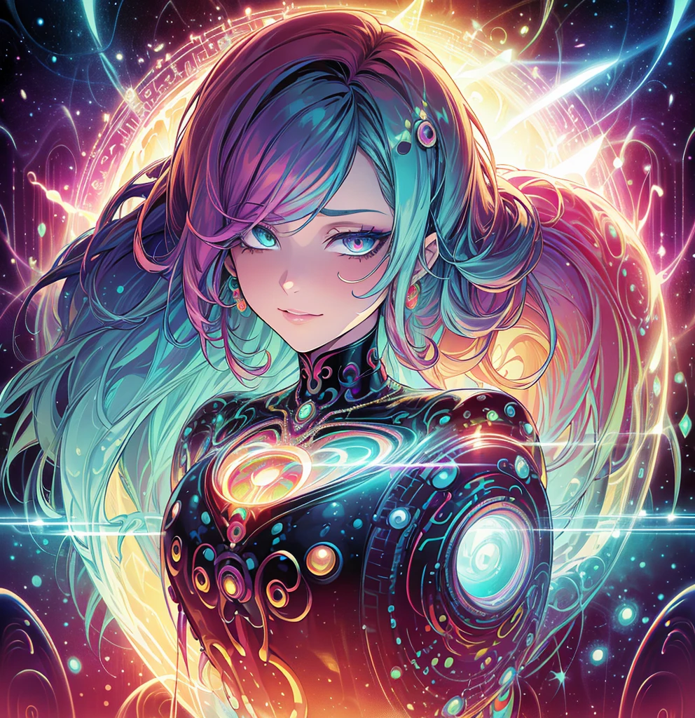 Close-up of a woman with colorful hair and a circular painting, Beeple and Jeremiah Kettner, Psychic Trance Artwork, Trippy Art, Visionary artistic style, Psychedelic Art style, Psychedelic Surreal Art, Psychedelic Art, Psychedelic Goddess, Colorful digital fantasy art, Psychedelic Artwork, Psychedelic Organic Cyborg, Psychedelic multicolor, DMT Color、fortune teller、Facing forward