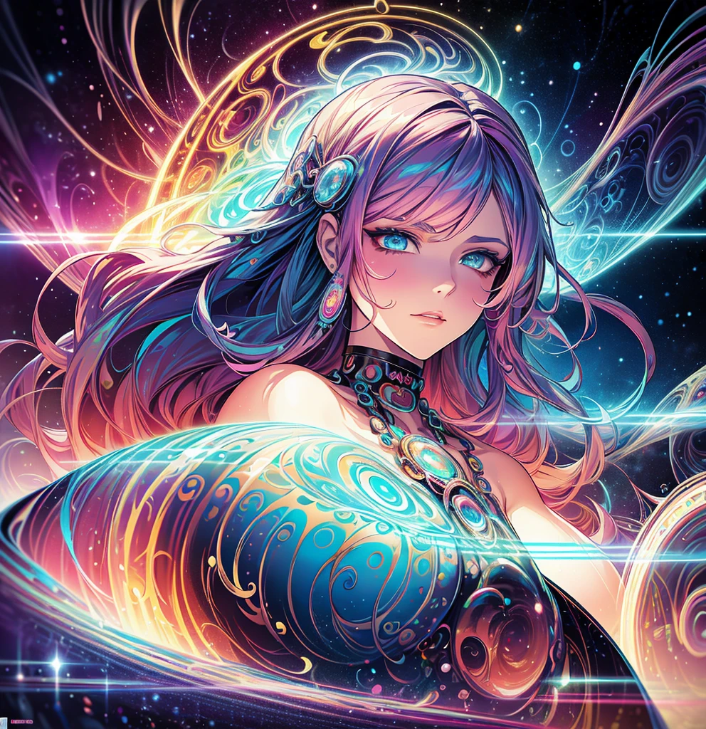 Close-up of a woman with colorful hair and a circular painting, Beeple and Jeremiah Kettner, Psychic Trance Artwork, Trippy Art, Visionary artistic style, Psychedelic Art style, Psychedelic Surreal Art, Psychedelic Art, Psychedelic Goddess, Colorful digital fantasy art, Psychedelic Artwork, Psychedelic Organic Cyborg, Psychedelic multicolor, DMT Color、fortune teller、Facing forward