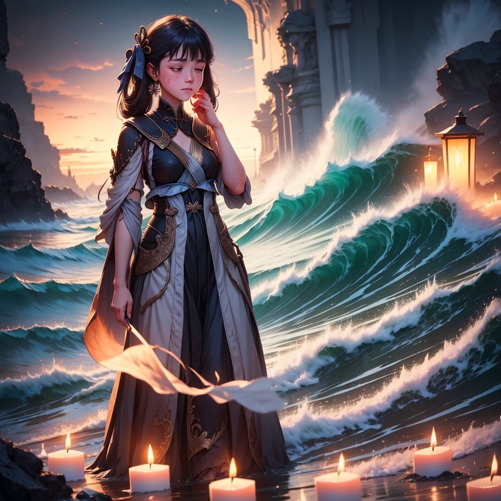 Jinshi Wuthering Waves, fullbody, staring into the distance, sad expression, tears streaming down cheeks, candlelight illuminating face, dark room, emotional atmosphere, digital art, close-up