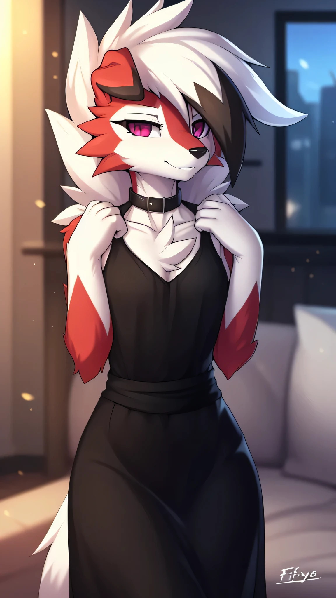 By zinfyu,by twistedscarlet60, uploaded on pixiv, by fluff-kevlar, (masterpiece), (best quality), (solo female:1.2), (extremely detailed:1.3),(detailed eye,black circle on eye,pink eye), lycanroc midnight, view on viewer, close view, shy face, half body on potrait, only body and head, close view, wearing black dress,Long black skirt, long dress, small chested. elegant, in living room, (tail:1.1), closeup photo of lycanroc