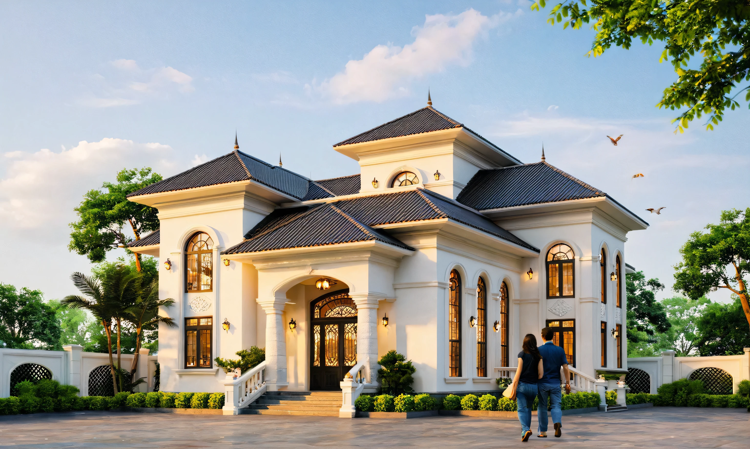 Raw photo,Masterpiece, high quality, best quality, authentic, super detail,
exterior, outdoors, house style indochine on the street ,aiaigroup
road,pavement, grass, trees, sky, cloud, (day:1.1)