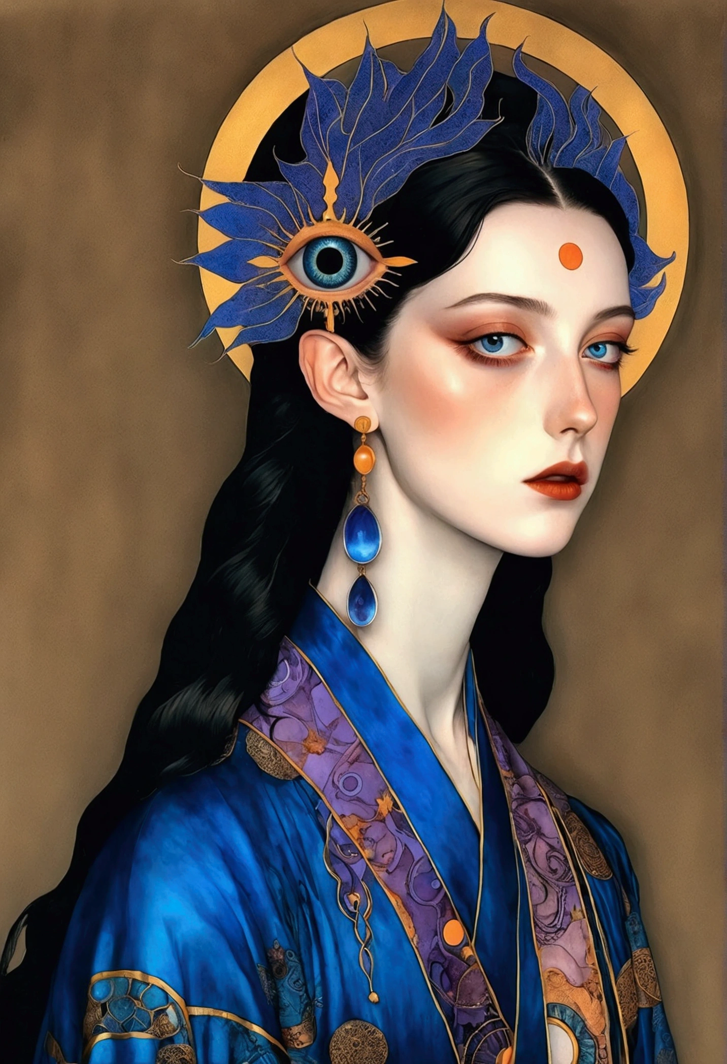 The Art of Mathematics,Digital Illustration,,Decorative paintings,watercolor,(((Harry Clark (Harry Clarke) style,圣地亚哥·卡鲁索style))),simple,Clean,Fine painting style,(((The third eye on the forehead。short hair,Pointed ears,robe))),Wide Angle,Black and blue,Solid color background,Human anatomy is correct
