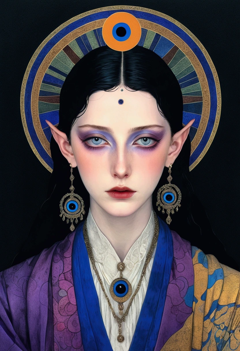 The Art of Mathematics,Digital Illustration,,Decorative paintings,watercolor,(((Harry Clark (Harry Clarke) style,圣地亚哥·卡鲁索style))),simple,Clean,Fine painting style,(((The third eye on the forehead。short hair,Pointed ears,robe))),Wide Angle,Black and blue,Solid color background,Human anatomy is correct