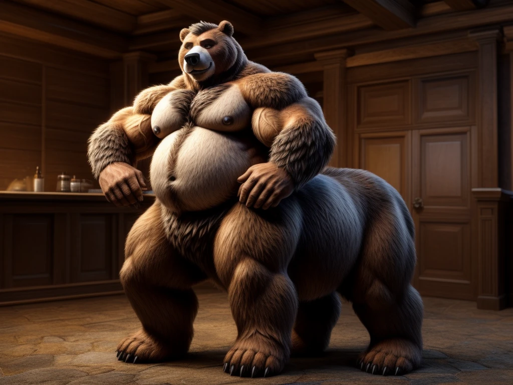 furry, fur taur, beartaur, middle-age, solo,1man, detailed face, bear ears, bear eyes(brown), bear nose(black), bear mouth, beard(grey), mature hair(grey), detailed arms, thick arms, muscular, thick hands(5 fingers), detailed body belly, thick body, muscle belly(white), thick chest, chest hair(white), nipples, detailed taur body, thick taur body, thick bear paws, thick bear tail, full body shot, standing in the bank