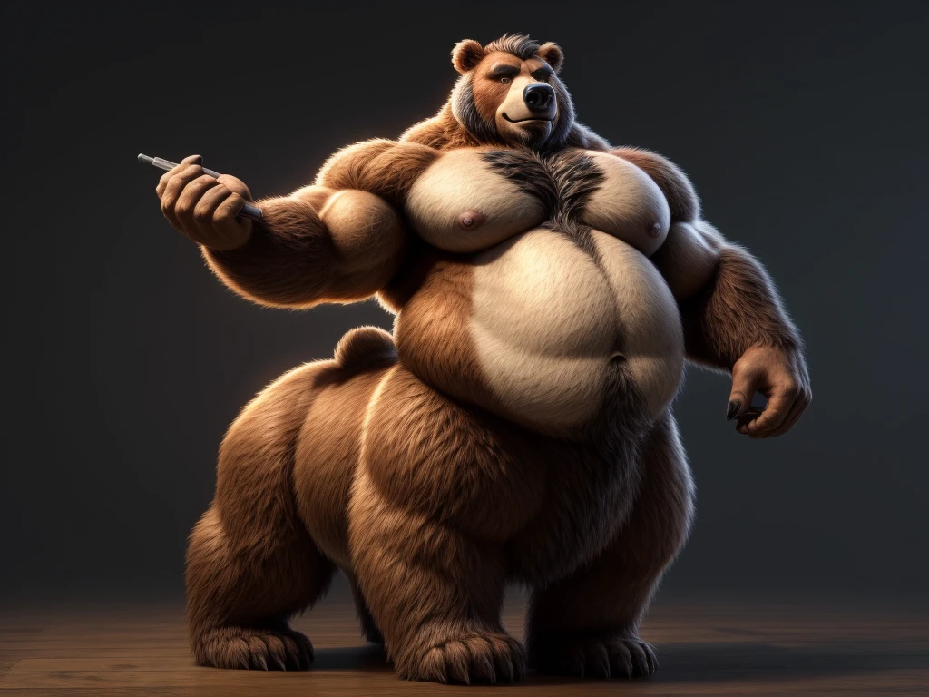 furry, fur taur, beartaur, middle-age, solo,1man, detailed face, bear ears, bear eyes(brown), bear nose(black), bear mouth, beard(grey), mature hair(grey), detailed arms, thick arms, muscular, thick hands(5 fingers), detailed body belly, thick body, muscle belly(white), thick chest, chest hair(white), nipples, detailed taur body, thick taur body, thick bear paws, thick bear tail, full body shot, standing in the bank