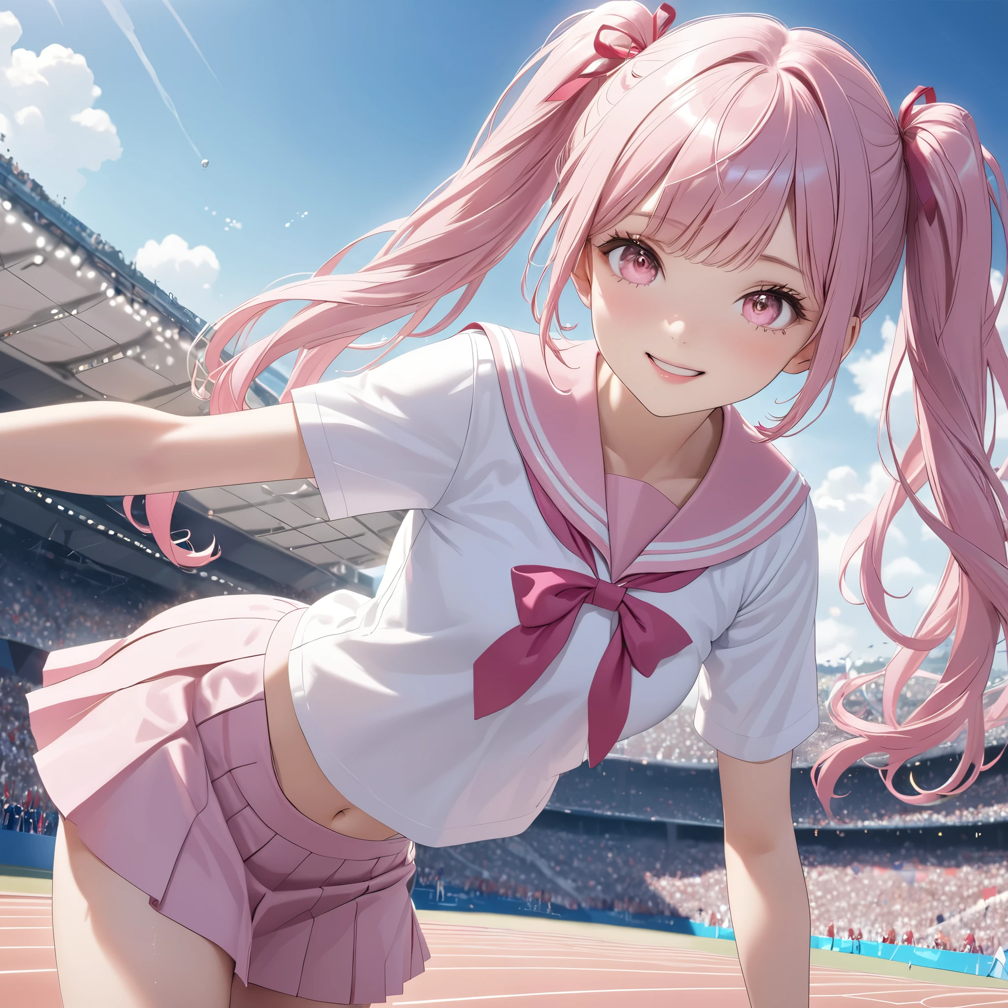 (8k, masutepiece, Best Quality, Official art, beautiful detailed, beautiful lighting, best masterpiece in history that exceeds limits), (1 Girl, solo), (sixteen years old), (beautiful detailed face), (shiny white skin), (Beautiful big bust:1.3), (thighs, navel), (beautiful detailed pink twin tails hair, bangs:1.3), (beautiful detailed drooping pink eyes:1.5), break, (high school uniform:1.3), (patsel pink sailor collar, white short sleeves short length outing shirt, pastel pink pleated skirt, patsel pink ribbon:1.5), (happy smile:1.2), break, (Attractive, Look at the camera, cute pose), breathtaking scenery, (ultra detailed beautiful France, Paris, Olympics), (France flags, Japanese flags, Olympics flag:1.3),