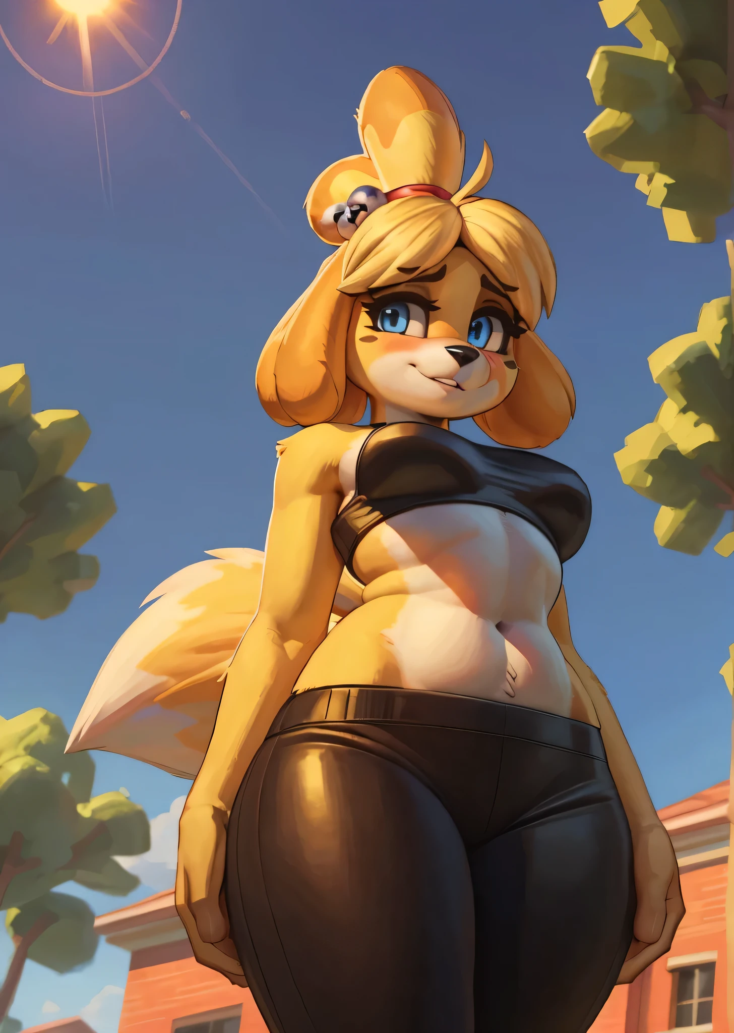 [isaCrossing], [Isabelle], [Animal Crossing], [Uploaded to e621.net; (Pixelsketcher), (wamudraws)], ((masterpiece)), ((HD)), ((high res)), ((solo portrait)), ((waist up)), ((low angle view)), ((detailed fur)), ((detailed shading)), ((beautiful render art)), {(slim figure), yellow fur, black nose, (cute blue eyes), (blonde hair), (bells in hair), topknot, fluffy tail, (curvy hips), (love handles), (beautiful legs), (blushing), (cute smile), (embarrassed expression)}, {(green sprots bra), (navel), (black yoga pants)}, {(nervous demeanor), (looking at viewer)}, [ambient lighting, park, grass, sun rays]