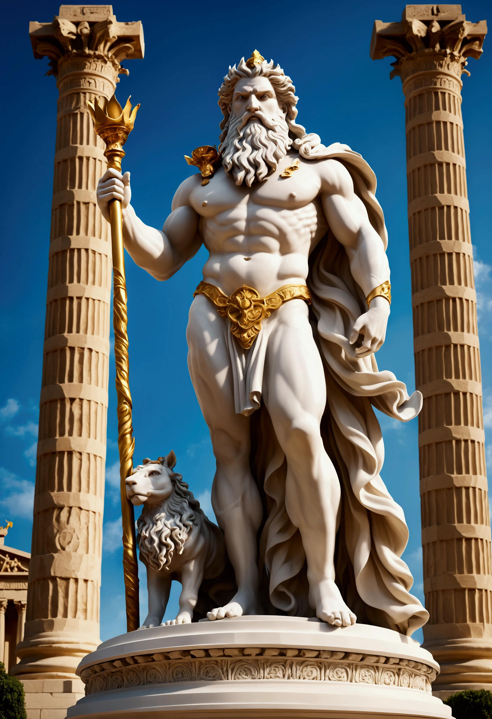 Create a breathtaking 16K resolution masterpiece that captures the essence of award-winning photography, reminiscent of the renowned work of Paolo Roversi. Visualize a majestic Greek statue of Zeus, the king of the gods, sitting on his throne in his Olympian temple. The statue features intricate details, with Zeus's flowing beard, muscular build, and regal attire that includes a flowing robe and a crown of laurel leaves. He holds a scepter in one hand and a thunderbolt in the other, showcasing the fine craftsmanship of the sculpture. | The statue of Zeus has a noble and commanding expression, with a perfectly proportioned face, clear double eyelids, and an aura of authority and power. His eyes are carved to reflect deep wisdom and his posture exudes dominance and protection. | The setting is an ancient Olympian temple, standing grandly in the background. The temple is adorned with majestic columns, intricate carvings, and an air of timeless beauty. The scene is set under a clear blue sky, with the sunlight casting soft shadows that enhance the depth and realism of the composition. | Capture the statue from a low angle to emphasize its grandeur and the intricacies of its design. The camera angle should highlight the full statue, showcasing the details of his attire, scepter, thunderbolt, and the surrounding temple architecture. | The overall ambiance should be awe-inspiring and majestic, with a focus on the artistic and historical significance of the statue and the temple. Ensure anatomical correctness and ultra-detailed textures, capturing every nuance of the statue's appearance and the temple setting. This masterpiece should immerse viewers in its lifelike depiction, creating a sense of wonder and reverence. | Keywords: (majestic Greek statue), (god Zeus), (Olympian temple), (intricate details), (regal presence), (flowing beard), (scepter), (thunderbolt), (noble expression), (timeless beauty), (ultra-detailed textures), (high-quality rendering).