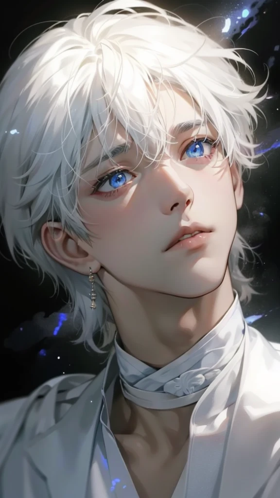 1 boy, close up, blue eyes, 白色of头发, White skin, Japanese cartoons, 英俊of, of, White shirt